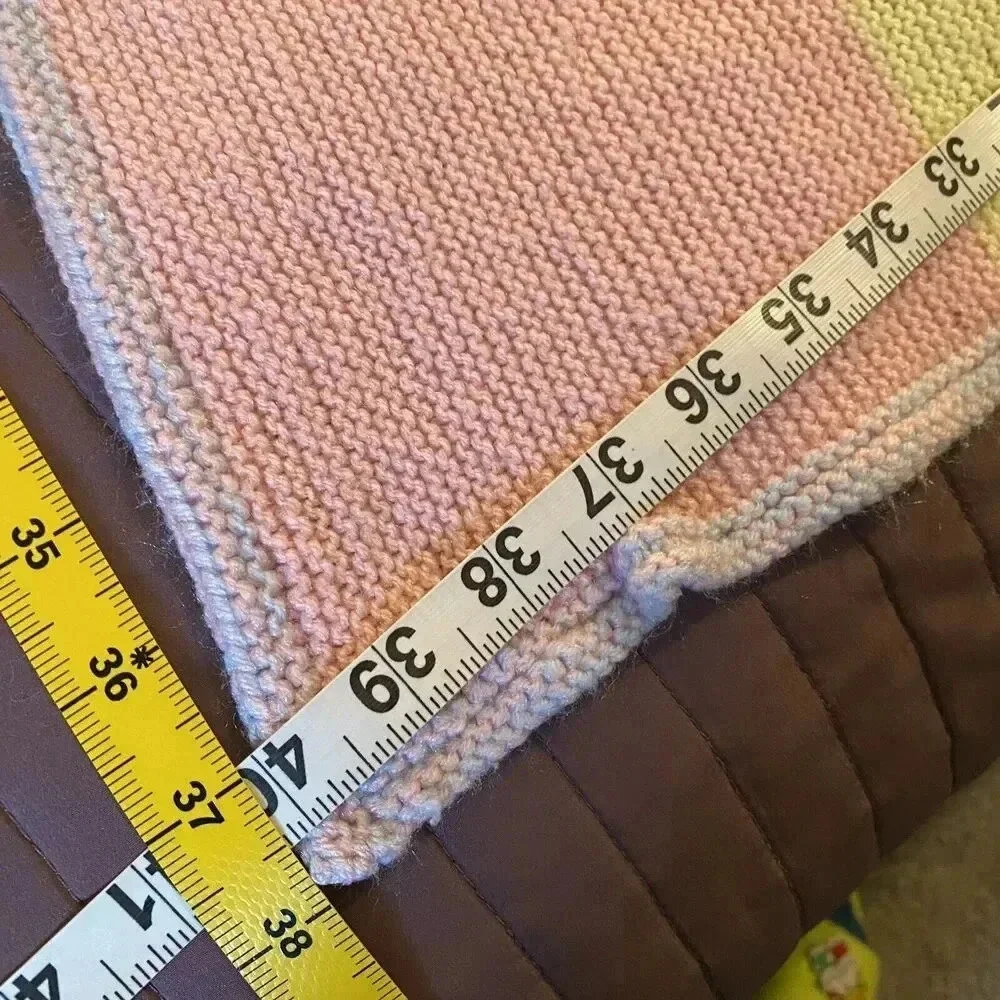 VTG Hand Knit Unisex Baby Blanket Color Block Pink Blue Green Yellow Cottagecore